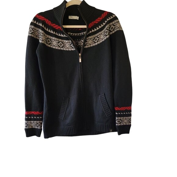 Neve Women's Nordic Wool Blend Full-Zip Sweater Jacket L Black Red Gray Pattern - Picture 2 of 16
